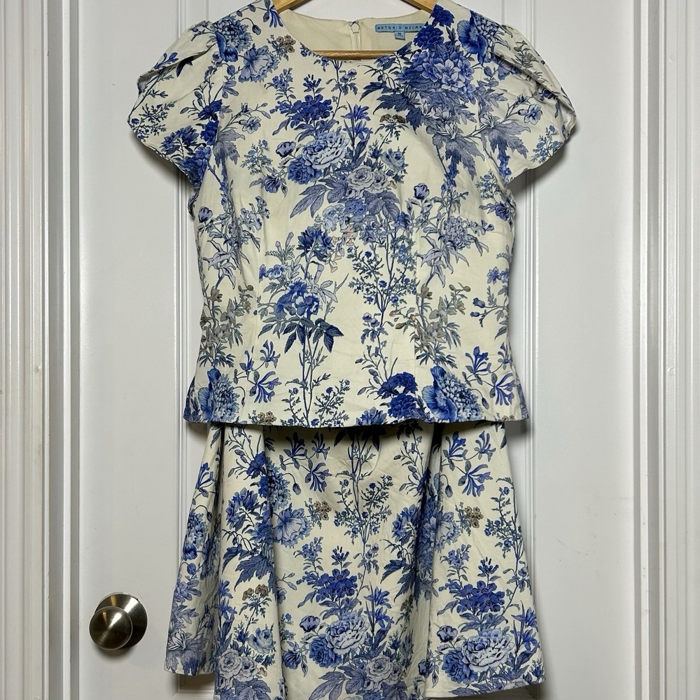 Antonio Melani Cotton Blend Ivory Blue Floral Cap Sleeve Top & A-Line Skirt Set